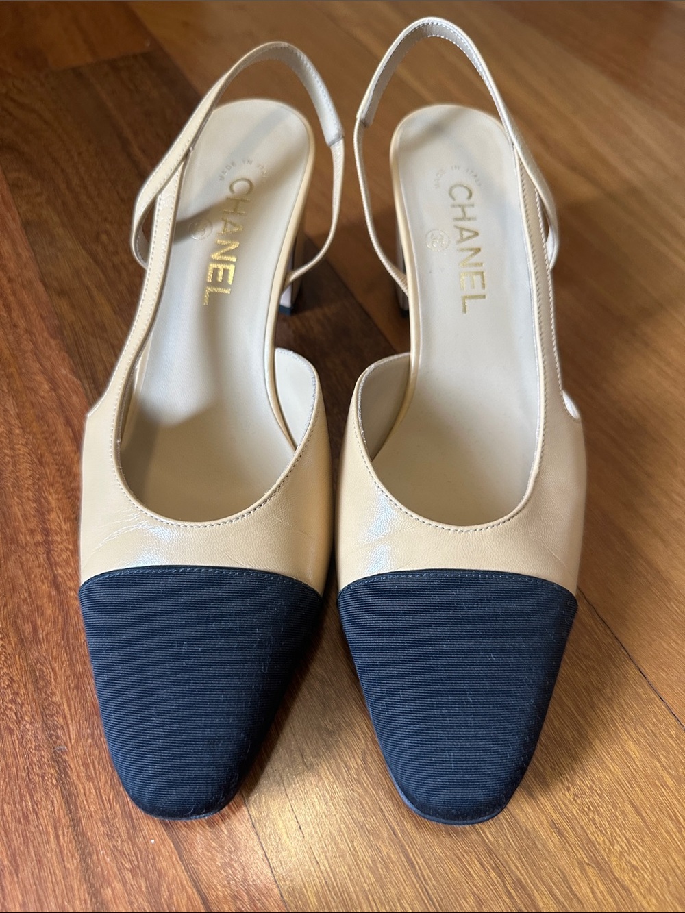 CHANEL Beige and Black Slingback Mules